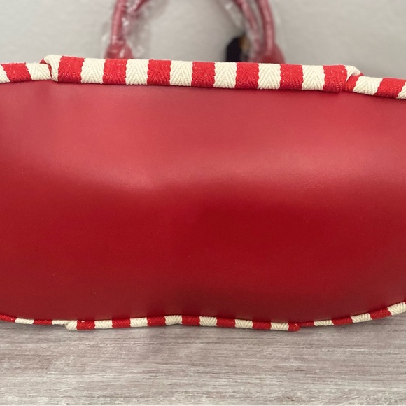 Moda Luxe Red & Cream Striped Canvas  Zip Tote Travel Beach Overnight Bag Purse - Picture 6 of 7